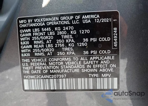 2022 Volkswagen Atlas Cross Sport 2.0T Se W/Technology z USA, uszkodzony, nr VIN 1V2WC2CA4NC207397